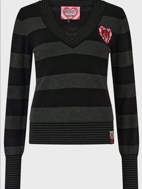 KILLSTAR Black & Gray Striped V-Neck Sweater with Pink Heart Patch